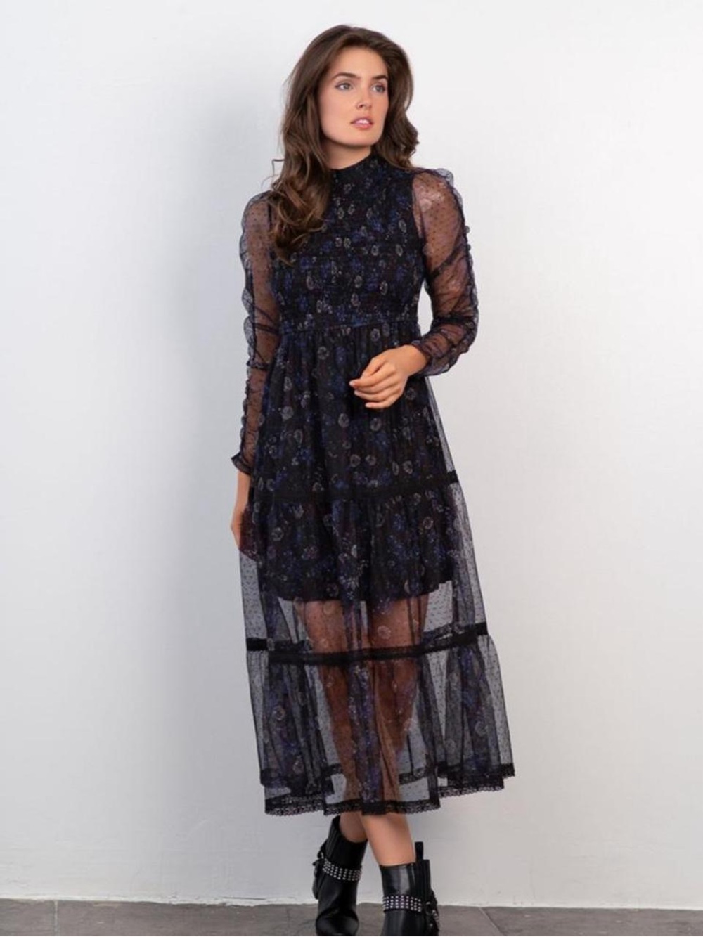 Coco + Jaimeson ruffle tiered floral printed semi sheer midi dress L Whimsigoth